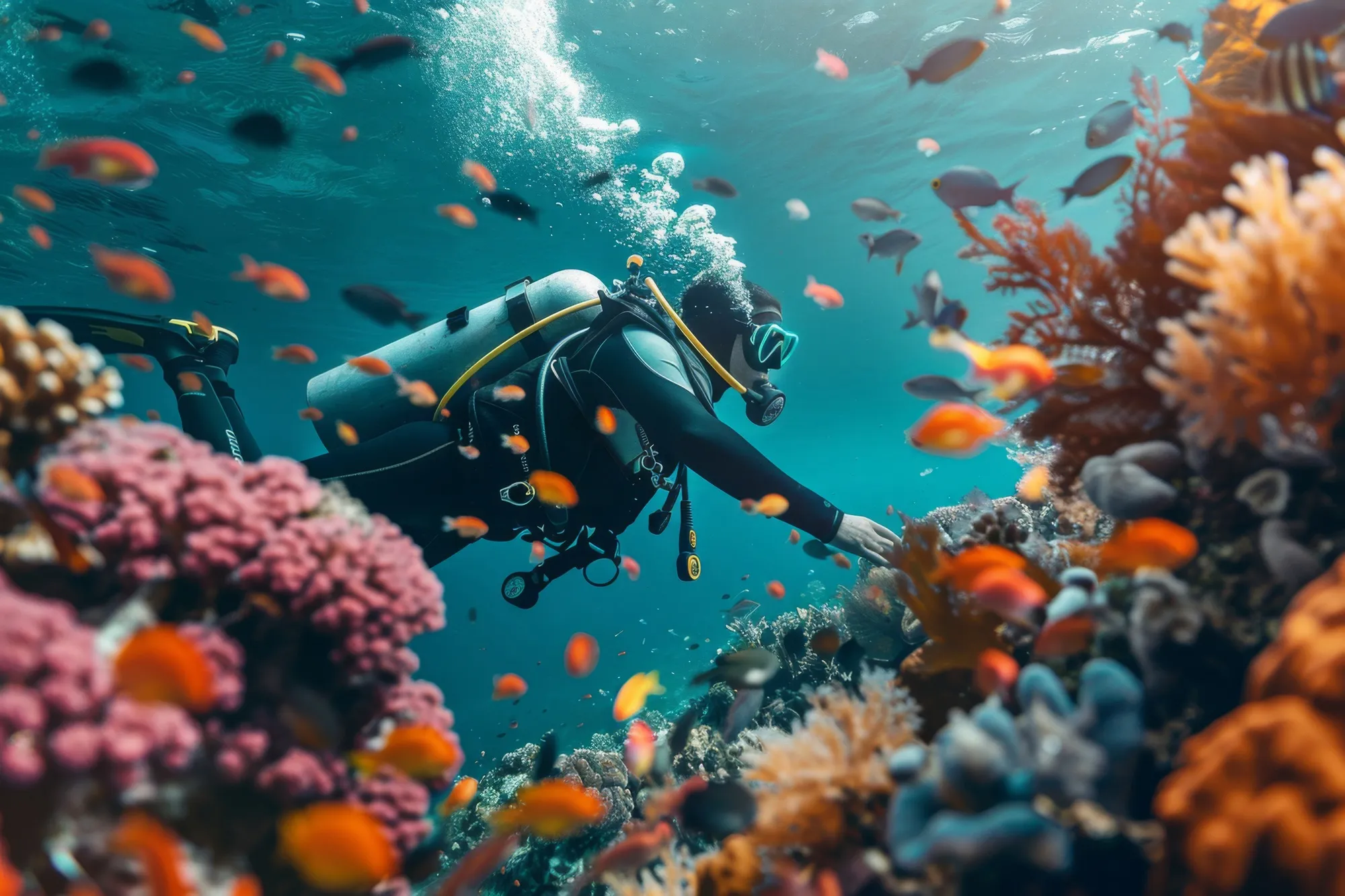 Taucherin schwebt über einem Korallenriff in tiefblauem Wasser vor Curaçao